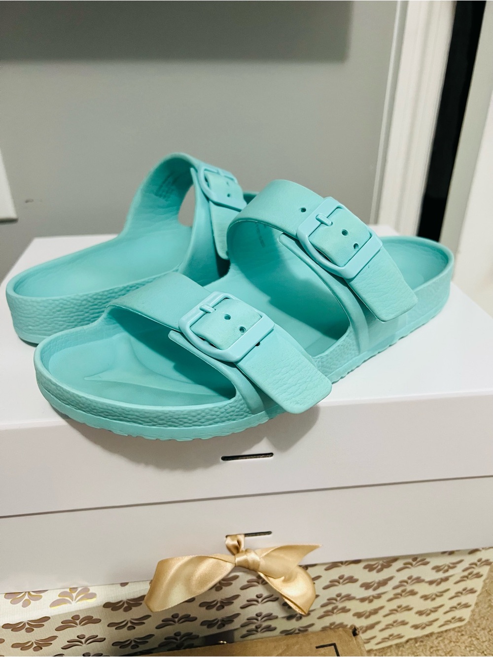 Women’s Aqua Double-Buckle Slide Sandals